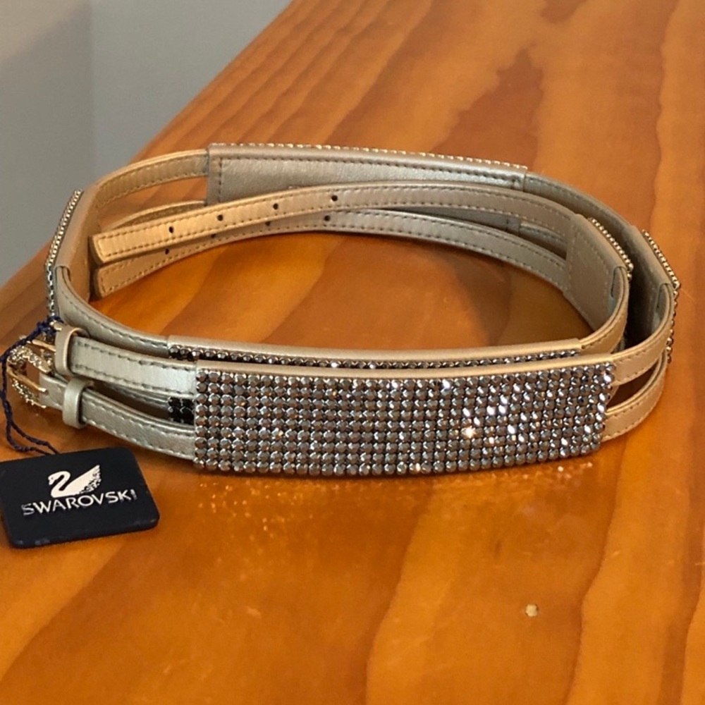 Swarovski Crystal-Embellished Beige Leather Belt